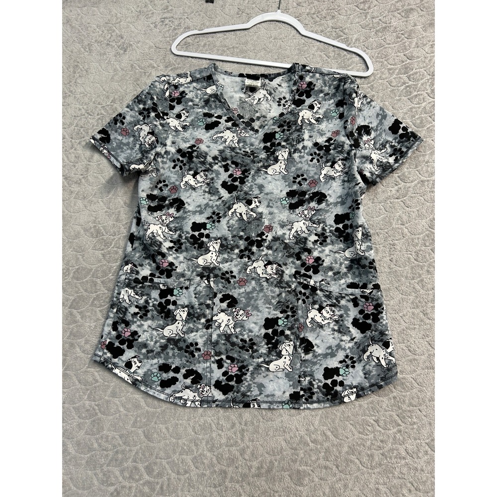 Disney 101 Dalmatians Scrub Top Small Grey Tie Dye V-Neck WM15T745LB Dog Print